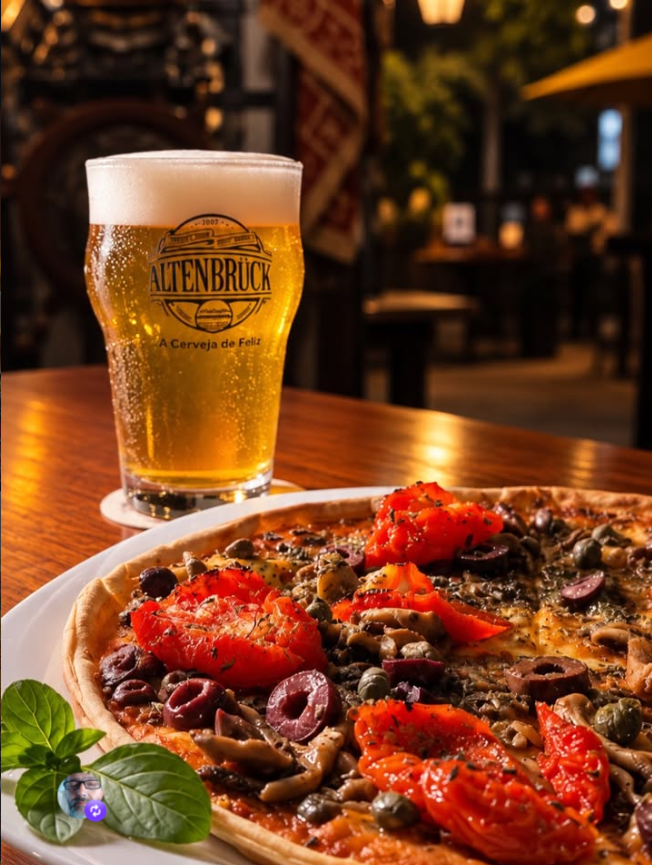Pizza e cerveja no restaurante